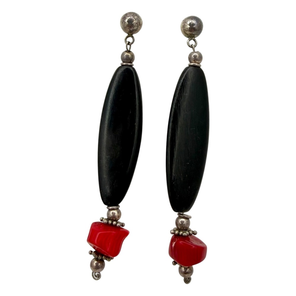 Vintage Drop Earrings Wood Coral Black Red Boho Dangle Pierced Post